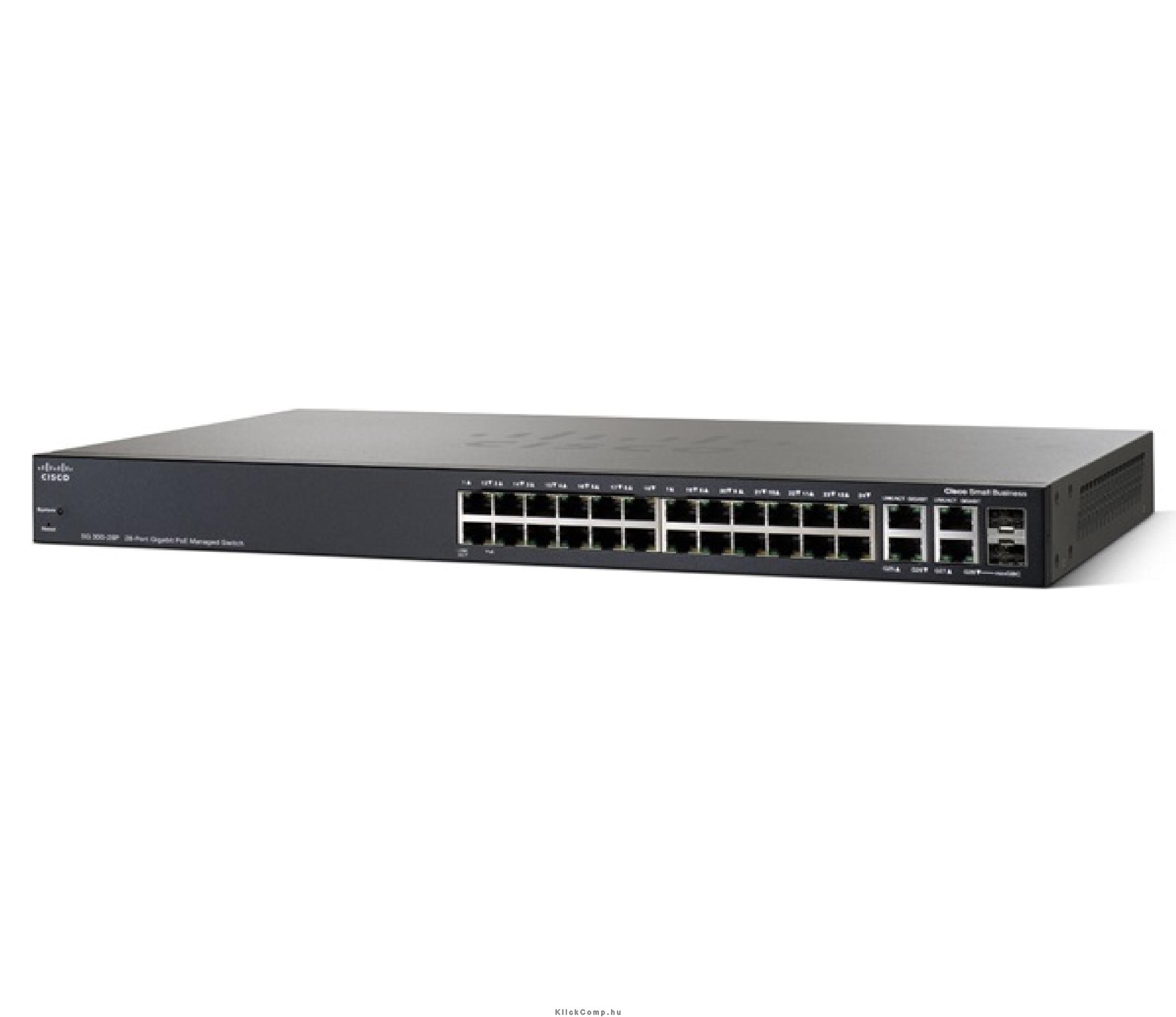 Cisco SG300-28PP 26port GE LAN, 2port GE combo 24port PoE 180W L3 menedzselhető fotó, illusztráció : SG300-28PP-K9-EU
