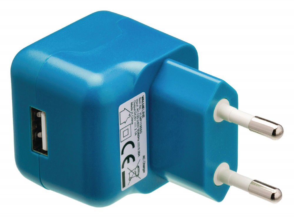 USB hálózati töltő: USB A aljzat – beltéri hálózati csatlakozó, kék fotó, illusztráció : VLMP11955L