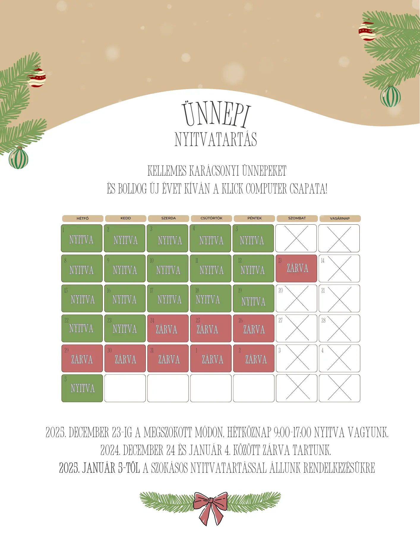 Nyitvatartás a 2025-es Karácsonyi időszakban!