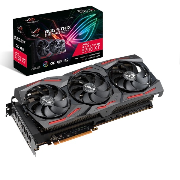VGA RX5700 256bit PCIe ASUS ROG-STRIX-RX5700XT-O8G-GAMING AMD 8GB GDDR6 videóká fotó, illusztráció : 90YV0D90-M0NA00