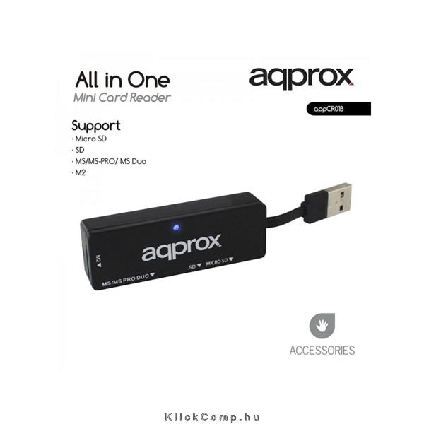 Mini kártyaolvasó All-in-one (Micro SD/ SD/ MS/MS-PRO/ MSDuo/ M2) Fekete APPROX fotó, illusztráció : APPCR01B