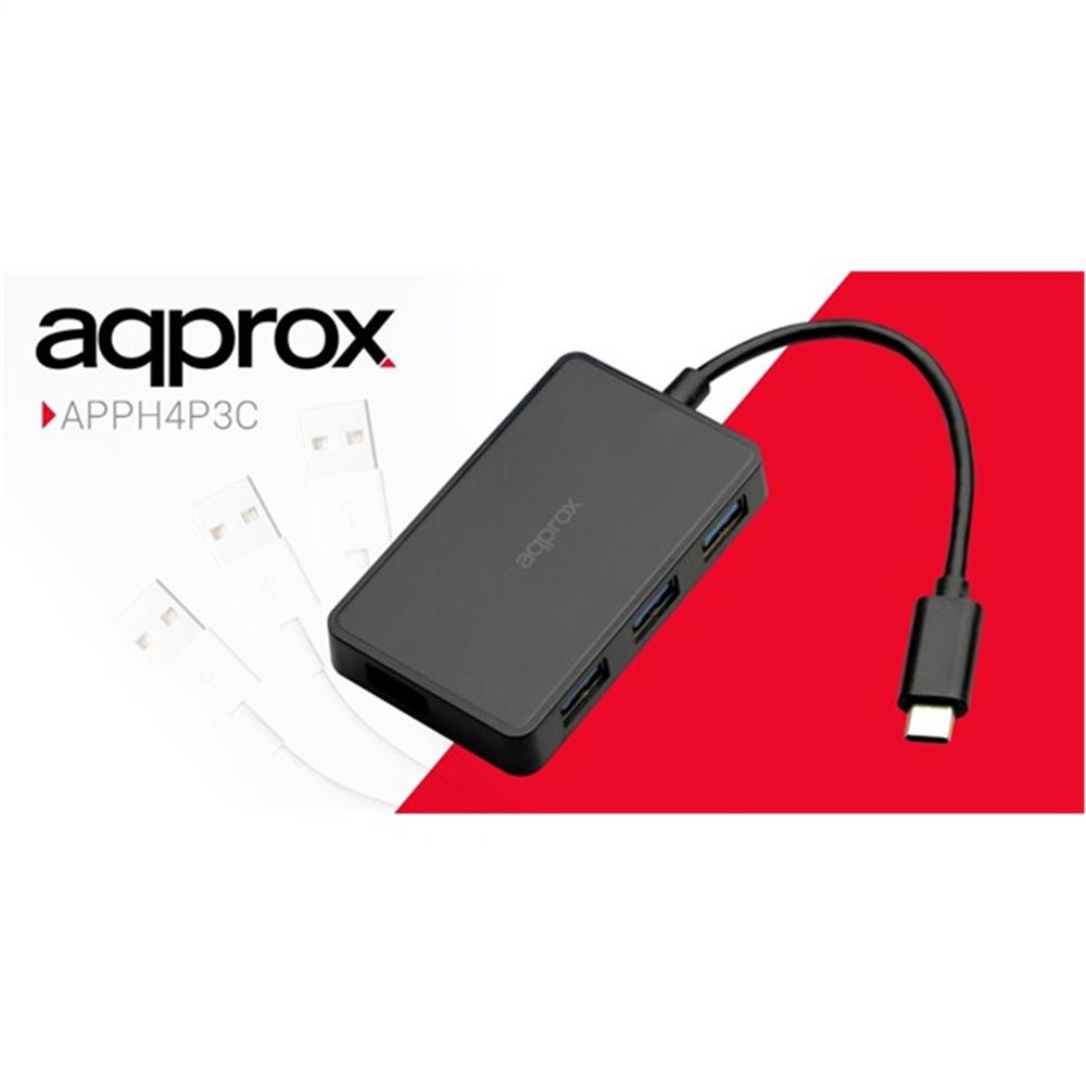 USB Hub 4 portos USB3.2 Gen A Type-C HUB Fekete APPROX Adapter fotó, illusztráció : APPH4P3C