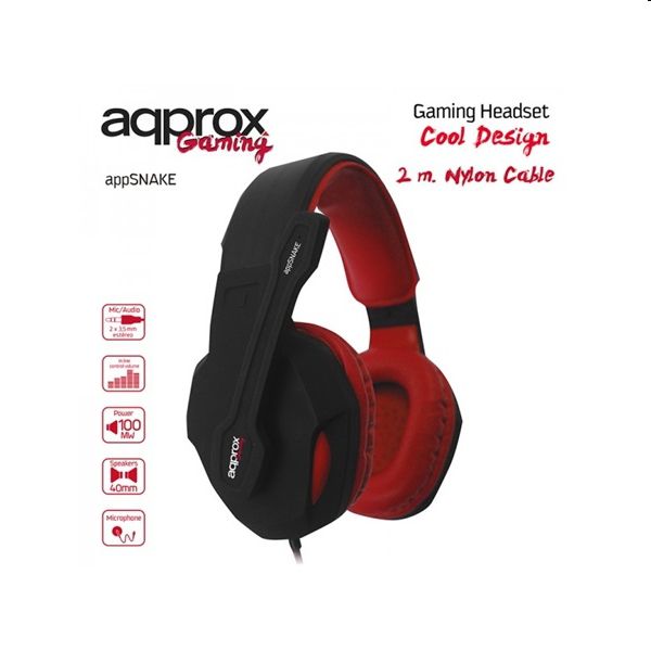Gaming Headset Snake 40mm sztereó hangszoró 2m kábel Fekete-Piros APPROX fotó, illusztráció : APPSNAKE