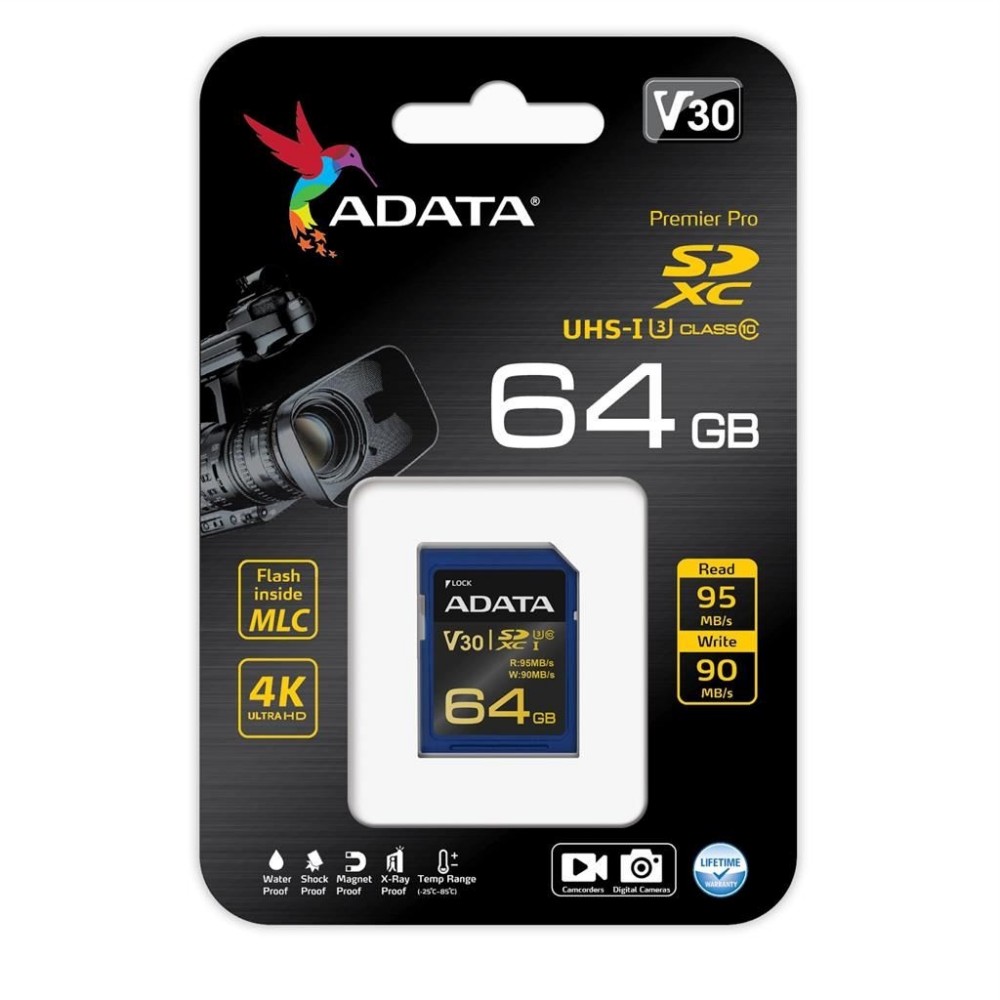 Memória-kártya 64GB SD SDXC Class 10 UHS-I U3 ADATA Premier Pro fotó, illusztráció : ASDX64GUI3V30G-R