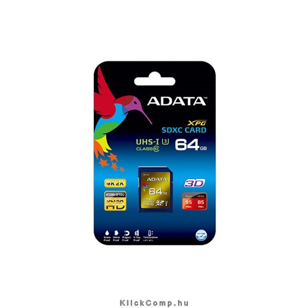 Memória-kártya 64GB SDXC Class 10 ADATA UHS-I U3 XPG fotó, illusztráció : ASDX64GXUI3CL10-R