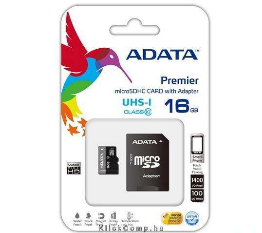 16GB SD MicroSD kártya Class10 + adapter ADATA fotó, illusztráció : AUSDH16GUICL10-RA1