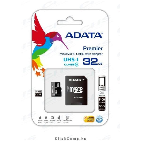 Memória-kártya 32GB microSDHC Class10 Adata Premier + adapter fotó, illusztráció : AUSDH32GUICL10-RA1