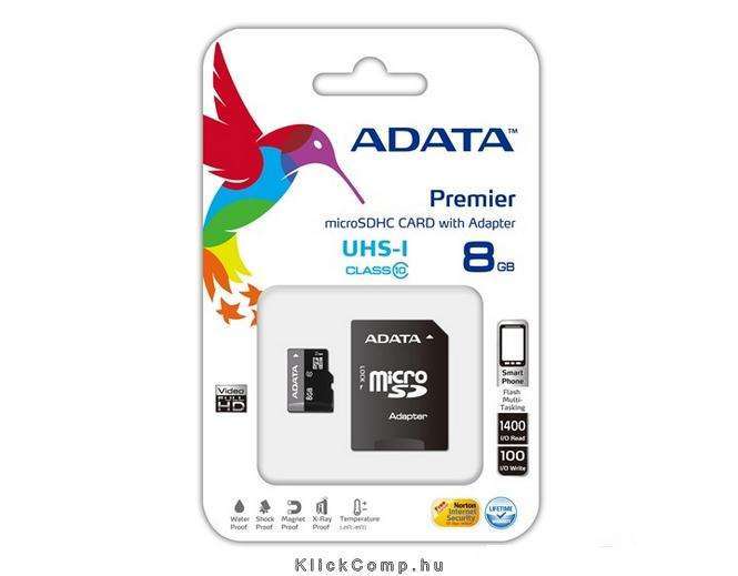 8GB SD micro SDHC Class 10 UHS-I memória kártya adapterrel fotó, illusztráció : AUSDH8GUICL10-RA1