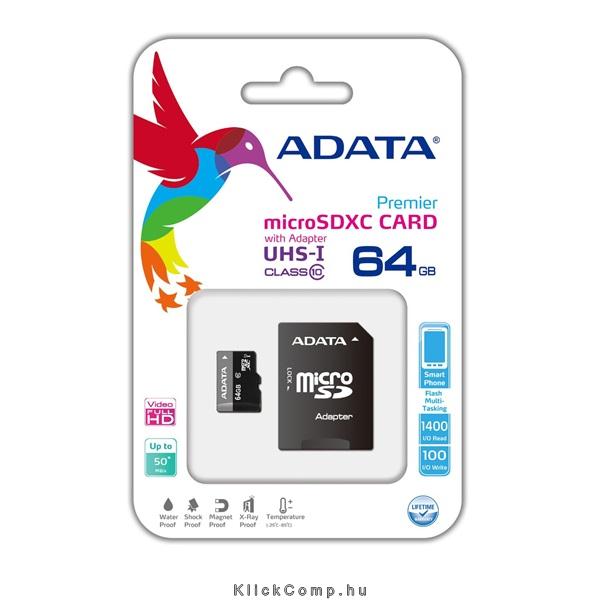 Memória-kártya 64GB MicroSDHC + Adapter UHS-I CLASS10 ADATA fotó, illusztráció : AUSDX64GUICL10-RA1