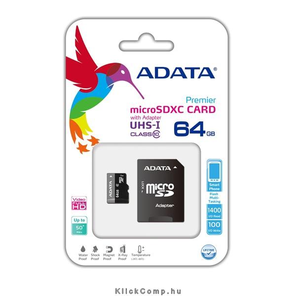 Memória-kártya 64GB microSDHC Class 10 Adata Premier + adapter fotó, illusztráció : AUSDX64GUICL10-RA1