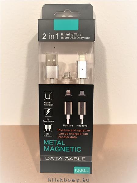 Kábel Mágneses Ezüst; USB- microUSB+Lightning; Telefonban hagyható mágneses csa fotó, illusztráció : BH74