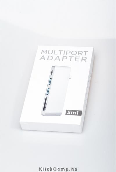 Kábel Átalakító USB-C - Multiport ezüst; USB-C apa - 2xUSB3.0/USB-C anya; SD/mi fotó, illusztráció : BH89S