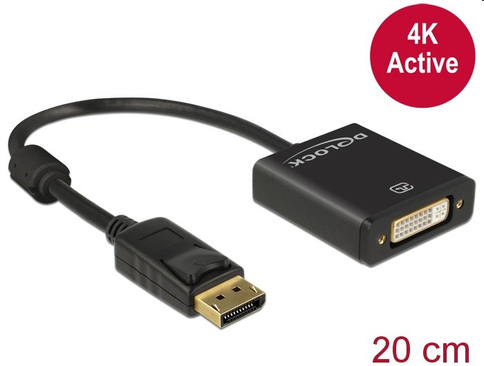 Displayport 1.2 dugós csatl. - DVI csatlakozóhüvely 4K aktív adapter - Fekete D fotó, illusztráció : Delock-62599
