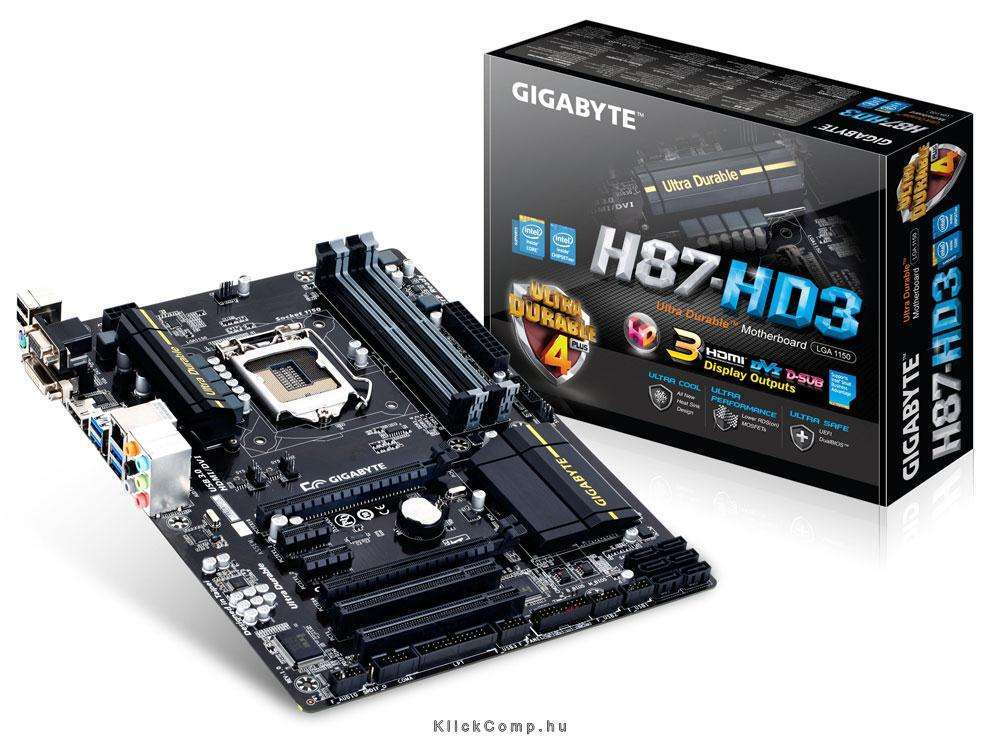H87-HD3 skt1150 H87, 4xDDR3 1600MHz, 2xPCI-E, RAID, 1xGBE LAN, 6xSATA3, 8xUSB2. fotó, illusztráció : GA-H87-HD3