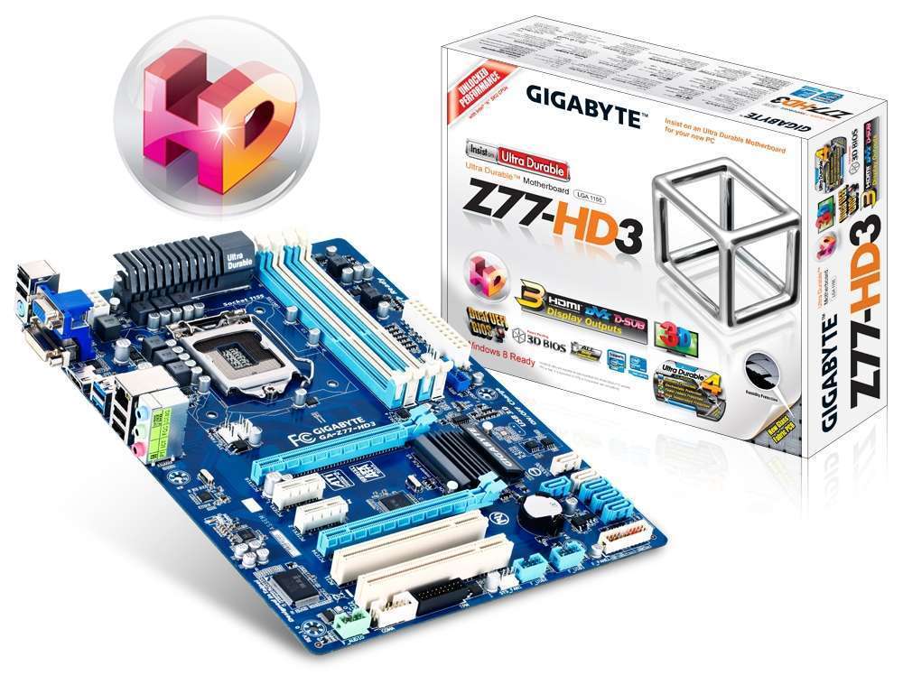 Z77-HD3 skt1155 Z77, 4xDDR3 2800MHz, 2xPCI-E, RAID, 1xGBE LAN, 2xSATA3, 8xUSB2. fotó, illusztráció : GA-Z77-HD3