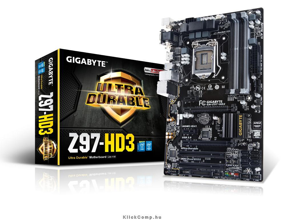 Alaplap Z97 skt1150 4xDDR3 3100MHz RAID 2xPCI-E 1xGBE LAN 6xSATA3 8xUSB2.0 6xUS fotó, illusztráció : GA-Z97-HD3