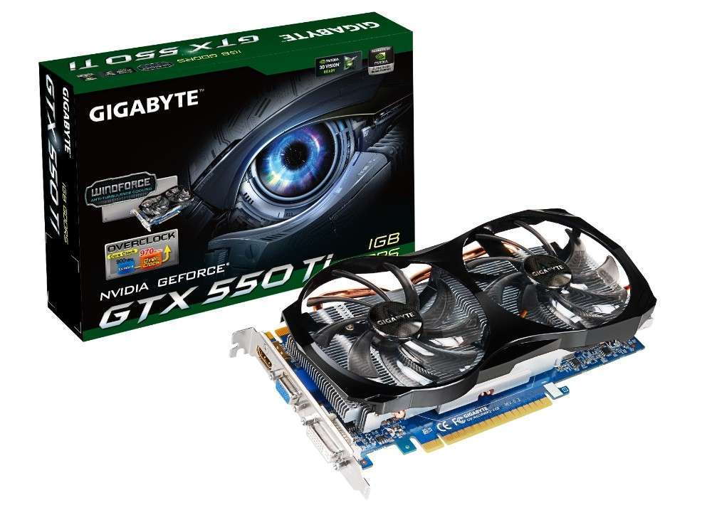 PCI-E Nvidia GTX550 Ti WF2 1024MB DDR5, 192bit, 970/4200MHz, DVI, Dsub, HDMI, D fotó, illusztráció : GV-N550WF2-1GI