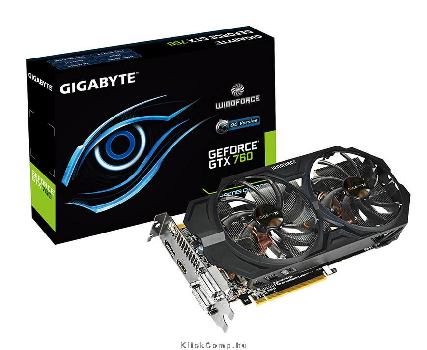 PCI-E Nvidia GTX760 WF OC 2048MB, DDR5, 256bit, 1098/6008Mhz, 2xDVI, HDMI, DP, fotó, illusztráció : GV-N760WF2OC-2GD