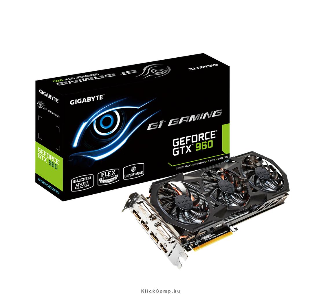 PCI-E Nvidia GTX960 G1 2048MB, DDR5, 256bit, 1241/7010Mhz, 2xDVI, HDMI, 3xDP, D fotó, illusztráció : GV-N960G1-GAMING-2GD