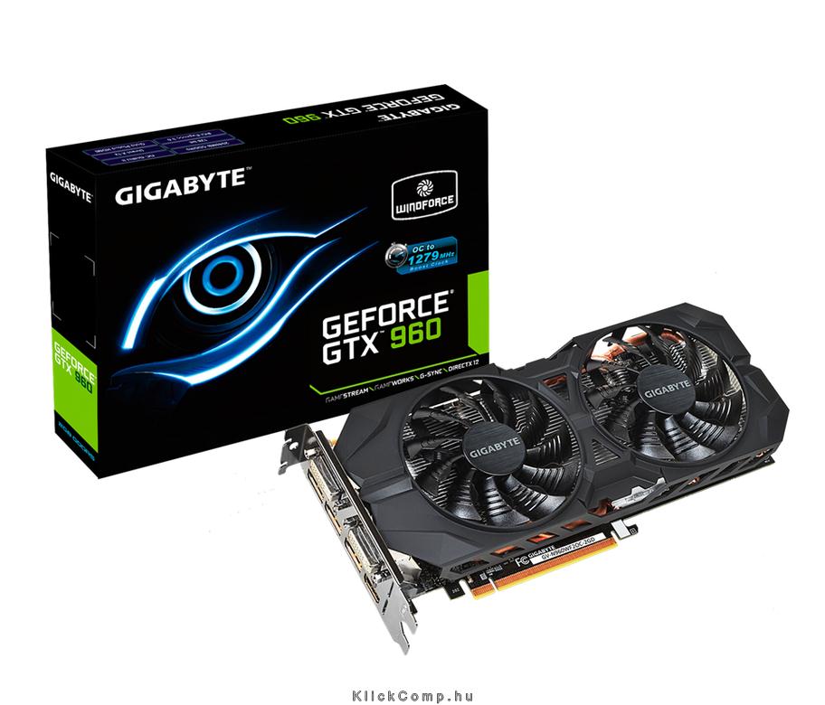 PCI-E Nvidia GTX960 WF2 2048MB, DDR5, 256bit, 1216/7010Mhz, 2xDVI, HDMI, 3xDP, fotó, illusztráció : GV-N960WF2OC-2GD