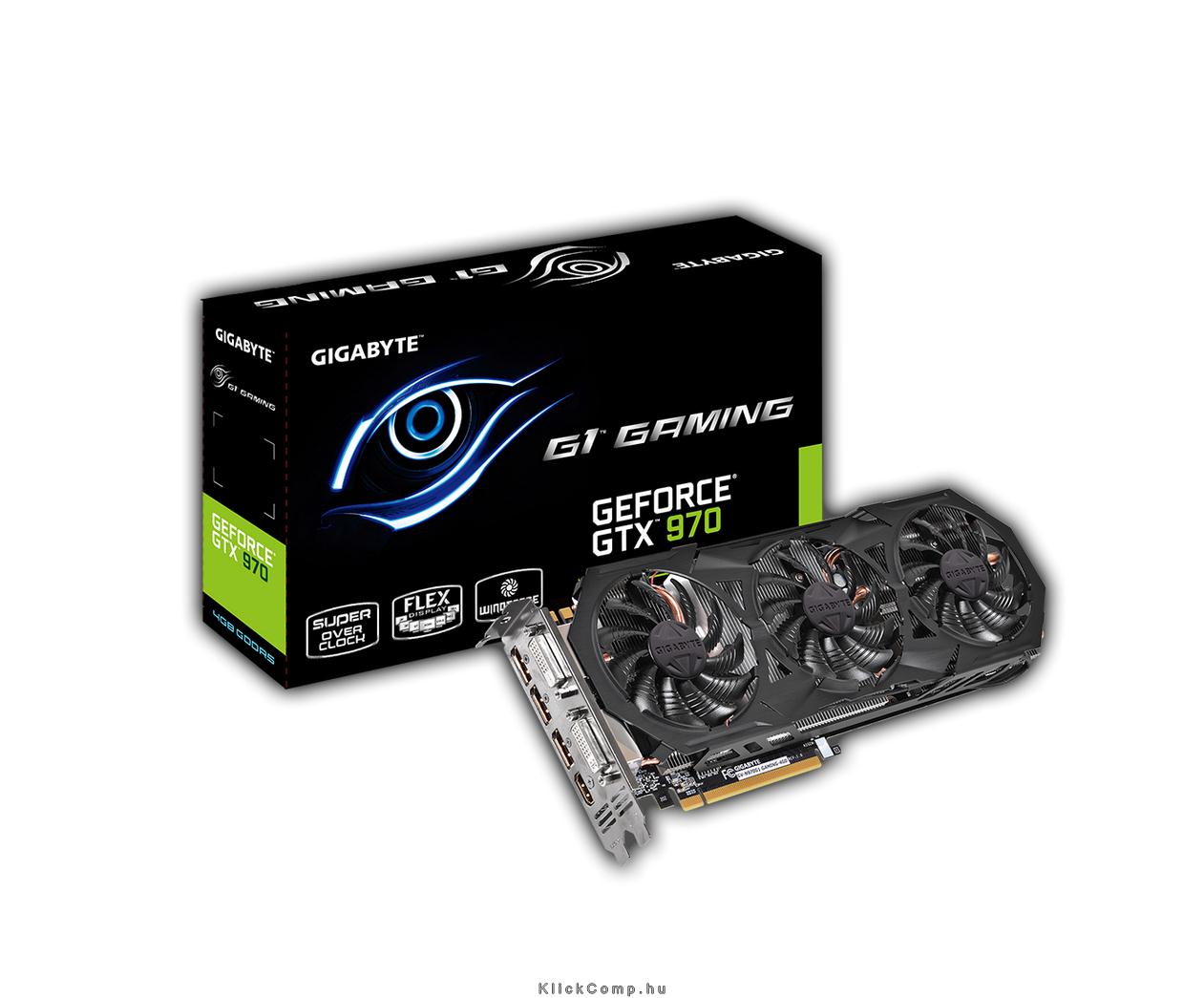 PCI-E Nvidia GTX970 G1 4096MB, DDR5, 256bit, 1175/7000Mhz, 2xDVI, HDMI, 3xDP, D fotó, illusztráció : GV-N970G1-GAMING-4GD