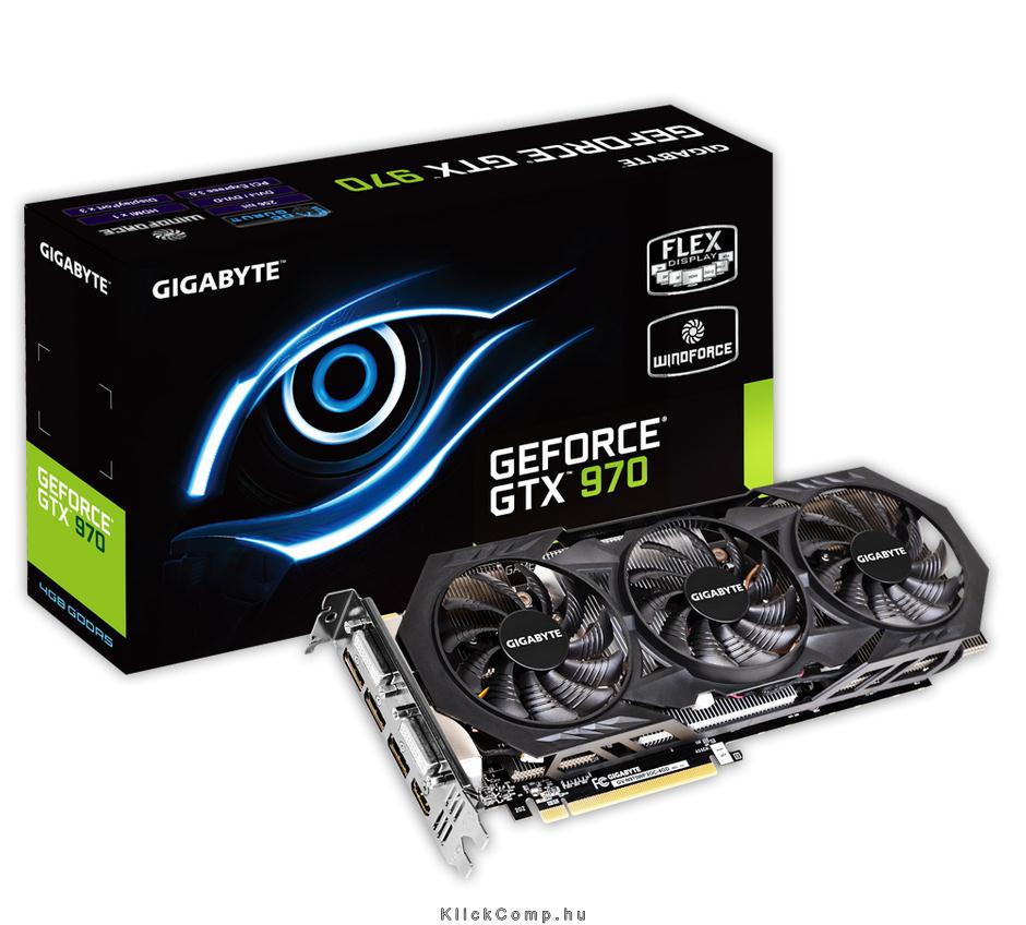 PCI-E Nvidia GTX970 WF3 4096MB, DDR5, 256bit, 1253/7000Mhz, 2xDVI, HDMI, 3xDP, fotó, illusztráció : GV-N970WF3OC-4GD
