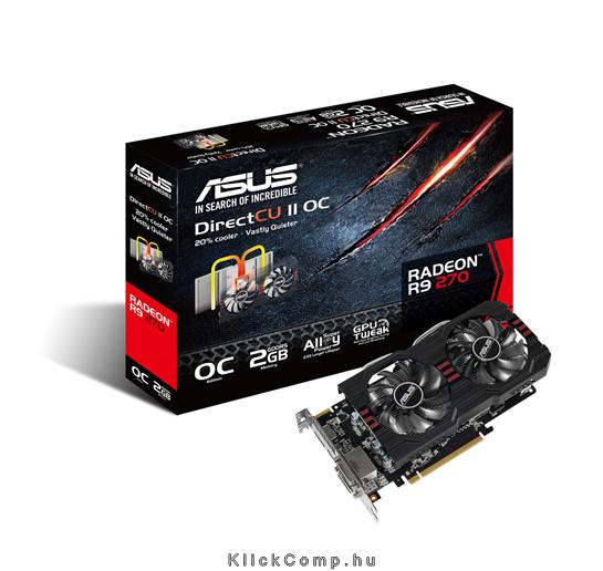 Asus PCI-E AMD R9 270 2048MB DDR5, 256bit, 975/5600MHz, 2xDVI, HDMI, DP, Aktív fotó, illusztráció : R9270-DC2OC-2GD5