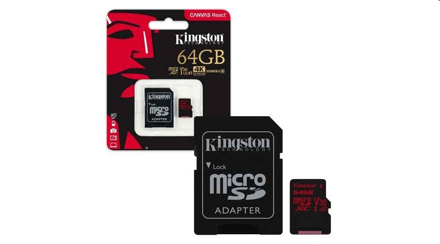 Memória-kártya 64GB SD micro SDXC Class 10  UHS-I U3 Kingston Canvas React (SDC fotó, illusztráció : SDCR_64GB