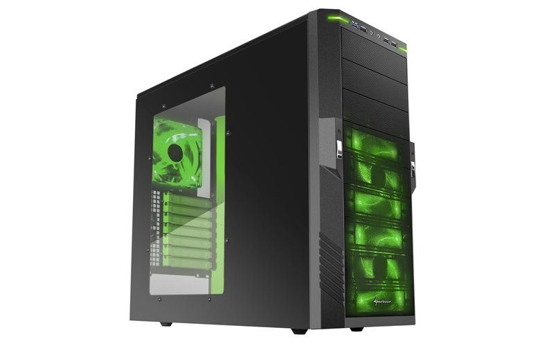 Számítógépház ATX mATX alsó táp 3x120mm zöld v 2xUSB3.0 2xUSB I/O SHARKOON T9 V fotó, illusztráció : SHARK-4044951011407