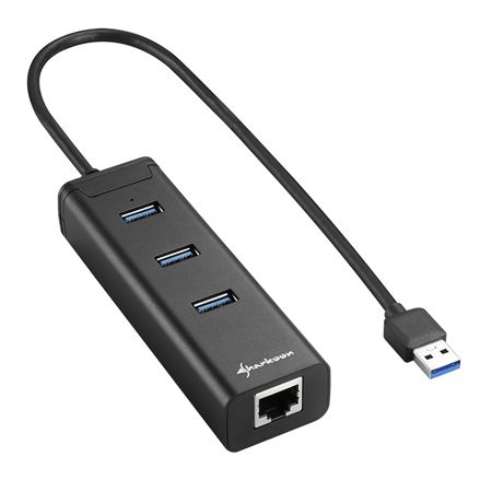 USB Hub 3 port USB3.0 + 1port RJ45 Aluminium Hub +RJ45 Fekete fotó, illusztráció : SHARK-4044951016983