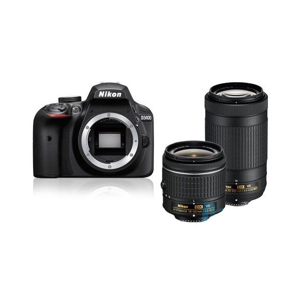 Nikon D3400 + AF-P DX 18–55VR + AF-P DX 70-300VR fekete digitális tükörreflexes fotó, illusztráció : VBA490K005