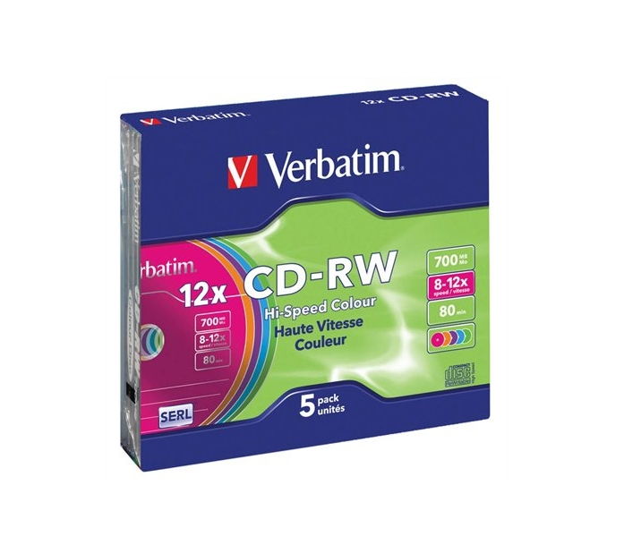 CD-RW lemez, újraírható, színes felület, SERL, 700MB, 8-10x, vékony tok, VERBAT fotó, illusztráció : VERBATIM-43167