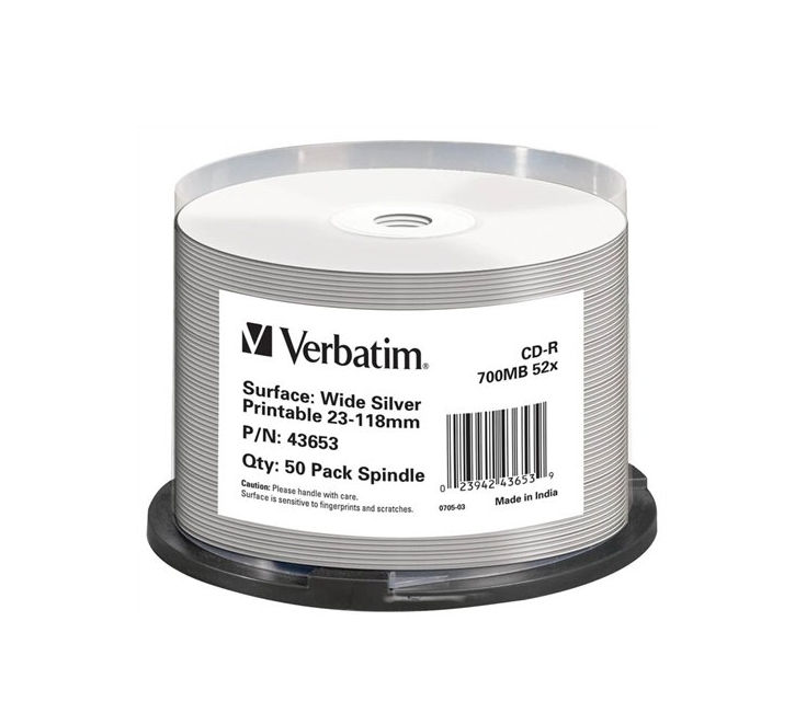 CD-R lemez, nyomtatható ezüst felület, matt, no-ID, AZO, 700MB, 52x, hengeren, fotó, illusztráció : VERBATIM-43653