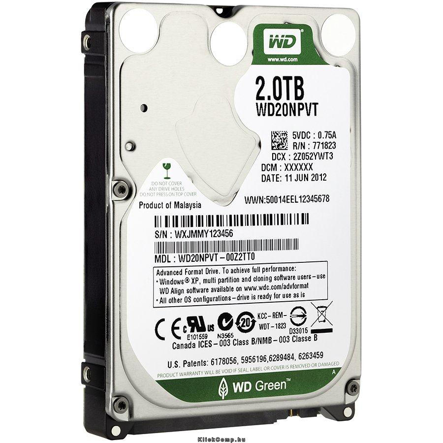 Western Digital 2TB 2,5  Notebook 5400rpm, 8 MB puffer, SATA-300 Green fotó, illusztráció : WD20NPVT