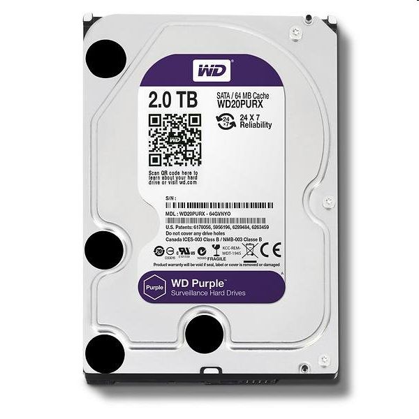 2TB 3,5  HDD SATA3 Western Digital Purple HDD 64MB 5400RPM fotó, illusztráció : WD20PURZ