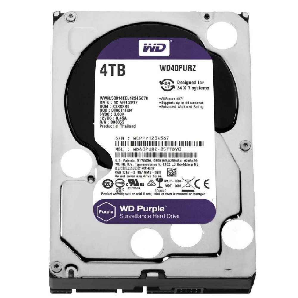 4TB 3,5  HDD SATA3 Western Digital Purple HDD 64MB 5400RPM fotó, illusztráció : WD40PURZ