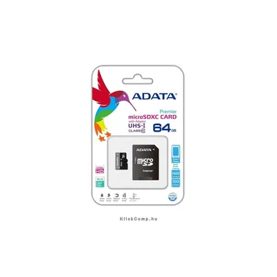 Memória-kártya 64GB MicroSDHC + Adapter UHS-I CLASS10 ADATA AUSDX64GUICL10-RA1 fotó