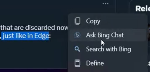 Bing AI menü