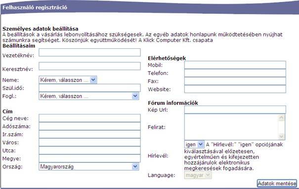 Klick Computer Web Bolt - Felhasználói adatok megadása