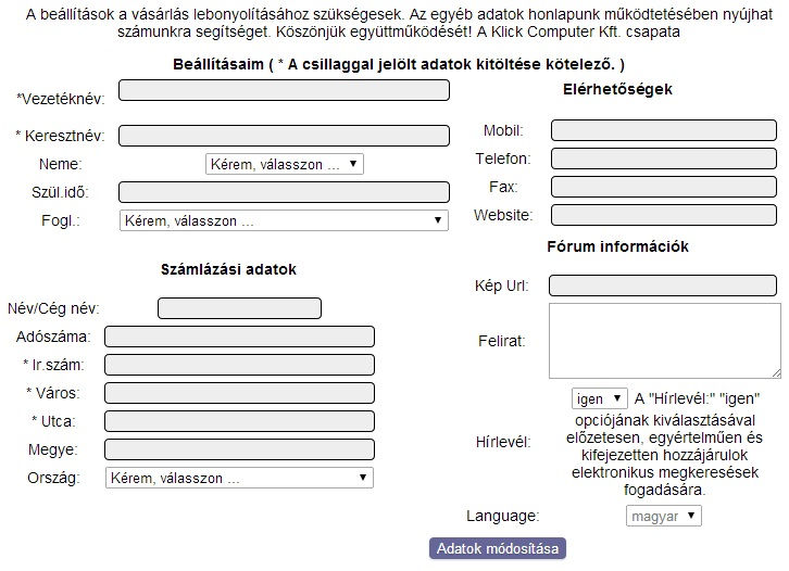 Klick Computer Web Bolt - Felhasználói adatok megadása